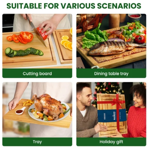 Ensemble de 4 planches à découper surdimensionnées en bambou avec support – convient aux couteaux, rainures pour le jus, poignées invisibles,