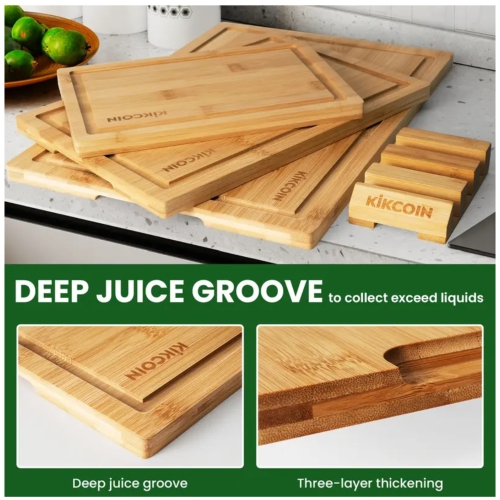 Ensemble de 4 planches à découper surdimensionnées en bambou avec support – convient aux couteaux, rainures pour le jus, poignées invisibles,