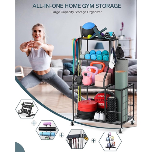All-in-One Sports & Gym Storage Rack, Yoga Mat Storage Rack Workout Equipment Storage Rack for Dumbbells Kettlebell Resistance Band, Exercise