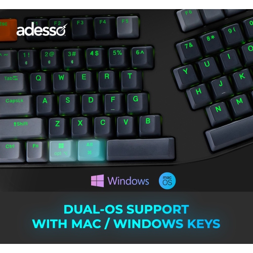 Adesso EasyTouch 1500 Ergonomic RGB Mechanical Keyboard – 104-Key, Cherry MX Red, Wired/Wireless/Bluetooth, VIA/QMK, Copilot Key