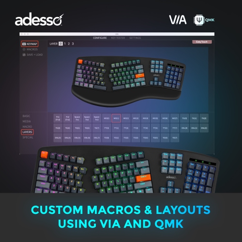 Adesso EasyTouch 1500 Ergonomic RGB Mechanical Keyboard – 104-Key, Cherry MX Red, Wired/Wireless/Bluetooth, VIA/QMK, Copilot Key