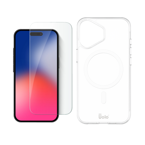Uolo Protection Bundle for iPhone 16 Plus – Shield Tempered Glass with Alignment Tray & Soul+ Clear MagSafe Case | Screen Protector + Shockproof Slim