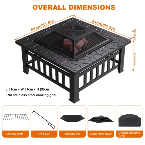 32" Fire Pit Table for Outside,Outdoor Fire Pit Square Wood Burning with Spark Screen Fire Poker for Camping