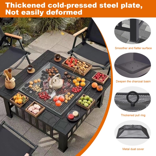 32" Fire Pit Table for Outside,Outdoor Fire Pit Square Wood Burning with Spark Screen Fire Poker for Camping