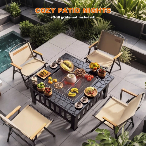 32" Fire Pit Table for Outside,Outdoor Fire Pit Square Wood Burning with Spark Screen Fire Poker for Camping