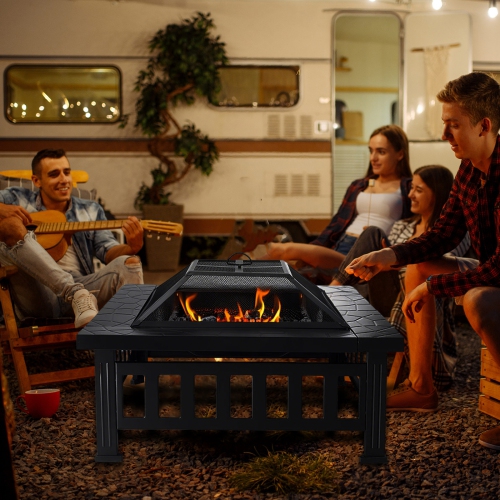 32" Fire Pit Table for Outside,Outdoor Fire Pit Square Wood Burning with Spark Screen Fire Poker for Camping