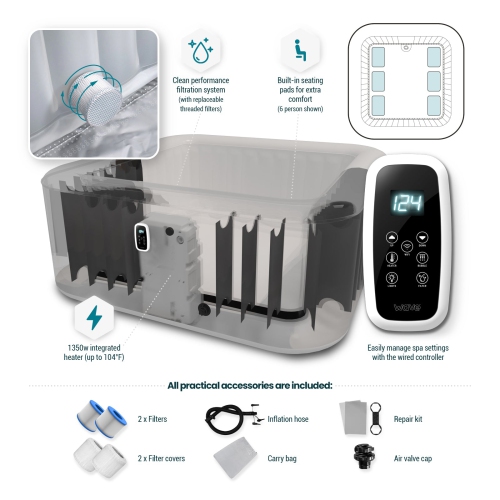 Pacific | Upto 6-Person Inflatable Hot Tub | Square | Integrated Heater | Navy