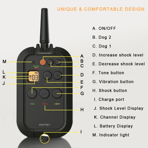 Collier d'entraînement pour chiens PATPET avec télécommande, collier amortisseur rechargeable et étanche 3/4 Mile Range E pour grand chien