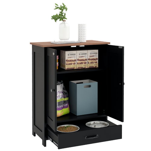 PawHut Dog Feeding Station, Furniture Style Pet Food Storage Container with Hidden Raised Bowls, Adjustable Panel, Hooks, for Medium Sized Dogs, Black