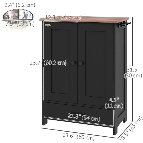 PawHut Dog Feeding Station, Furniture Style Pet Food Storage Container with Hidden Raised Bowls, Adjustable Panel, Hooks, for Medium Sized Dogs, Black