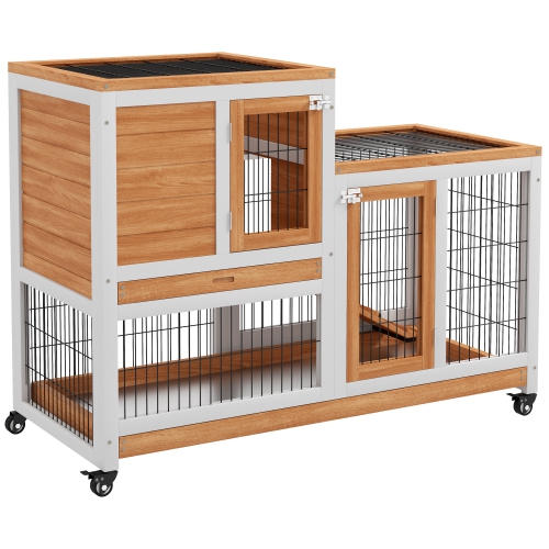 PAWHUT  Rabbit Hutch Indoor Bunny Cage Guinea Pig House On Wheels With Run, Pull Out Trays In Yellow