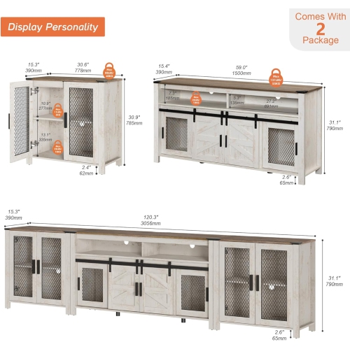 WAMPAT Living Room Set of TV Stand and Sideboard for 100 inch,Door Storage Cabinet with Mesh,Farmhouse Storage Units with Open and Adjustable