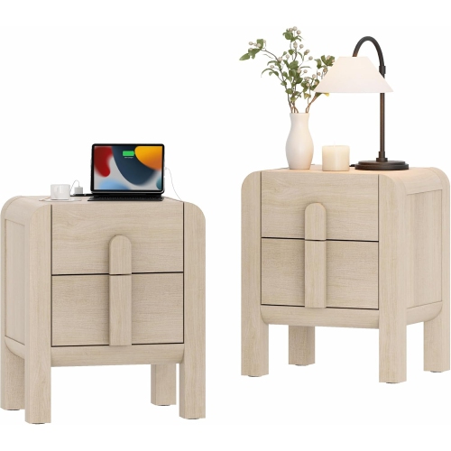 WAMPAT 23.7" Tall Modern Nightstands Set of 2, Wood Nightstand with Charging Station, Bedside Table w/2 Drawers, Curved Profile, Sofa Side Table End