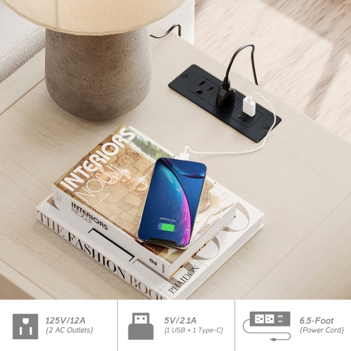 WAMPAT 23.7" Tall Modern Nightstands Set of 2, Wood Nightstand with Charging Station, Bedside Table w/2 Drawers, Curved Profile, Sofa Side Table End