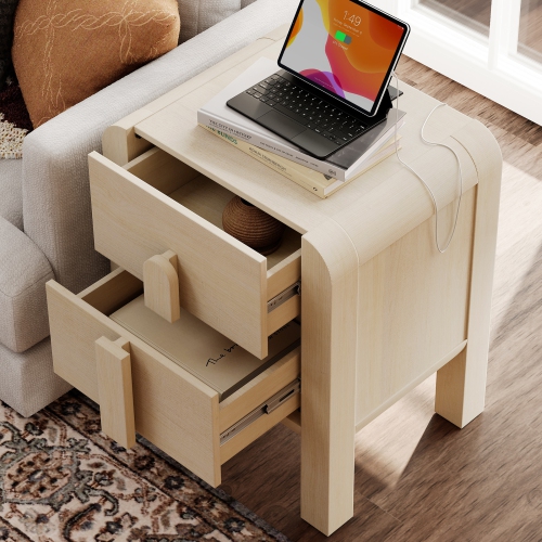 WAMPAT 23.7" Tall Modern Nightstands Set of 2, Wood Nightstand with Charging Station, Bedside Table w/2 Drawers, Curved Profile, Sofa Side Table End