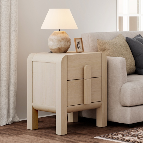 WAMPAT 23.7" Tall Modern Nightstands Set of 2, Wood Nightstand with Charging Station, Bedside Table w/2 Drawers, Curved Profile, Sofa Side Table End