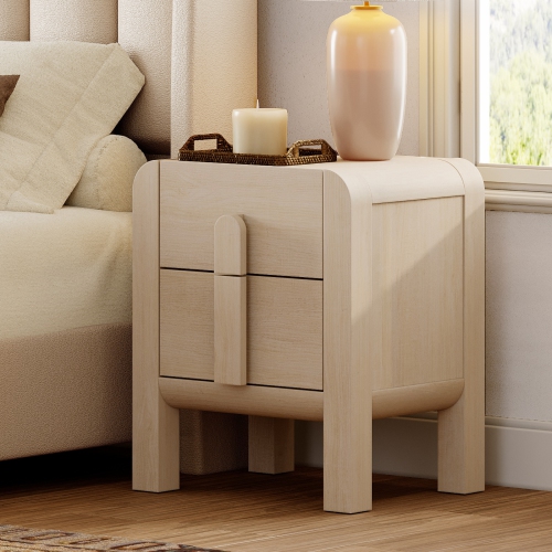 WAMPAT  23.7" Tall Modern Nightstand \w Charging Station, Wood Bedside Table W/2 Storage Drawers, Curved Profile, Sofa Side Table End Table For