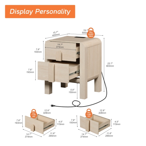 WAMPAT 23.7" Tall Modern Nightstand with Charging Station, Wood Bedside Table w/2 Storage Drawers, Curved Profile, Sofa Side Table End Table for