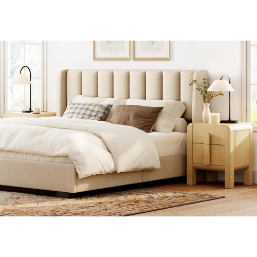 WAMPAT 23.7" Tall Modern Nightstand with Charging Station, Wood Bedside Table w/2 Storage Drawers, Curved Profile, Sofa Side Table End Table for