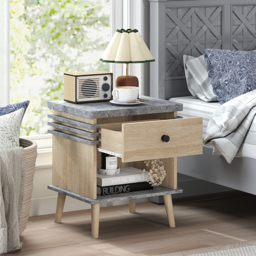 Modern Nightstand with Faux Marble Top – 3-Tier End Table for Bedroom or Living Room