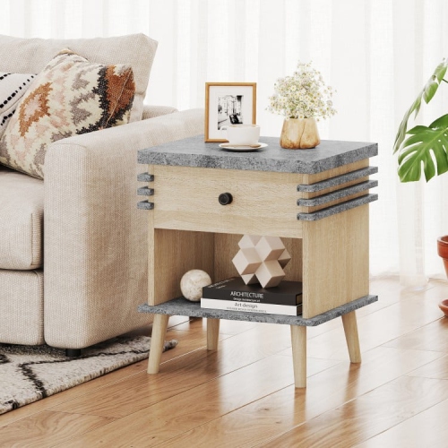 Modern Nightstand with Faux Marble Top – 3-Tier End Table for Bedroom or Living Room