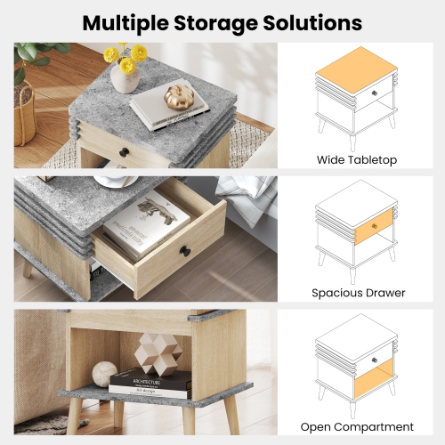 Modern Nightstand with Faux Marble Top – 3-Tier End Table for Bedroom or Living Room