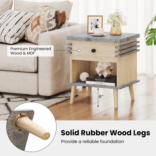 Modern Nightstand with Faux Marble Top – 3-Tier End Table for Bedroom or Living Room