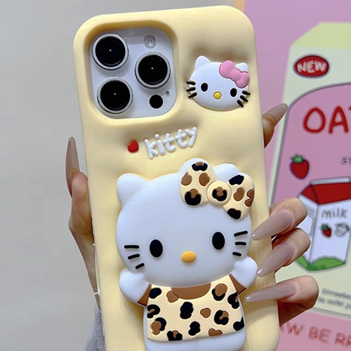 3D Leopard Print Cat Silicone Kickstand Case for iPhone 16 Pro