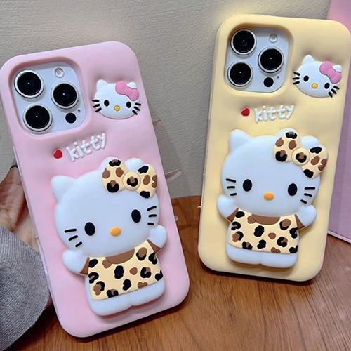 3D Leopard Print Cat Silicone Kickstand Case for iPhone 16 Pro