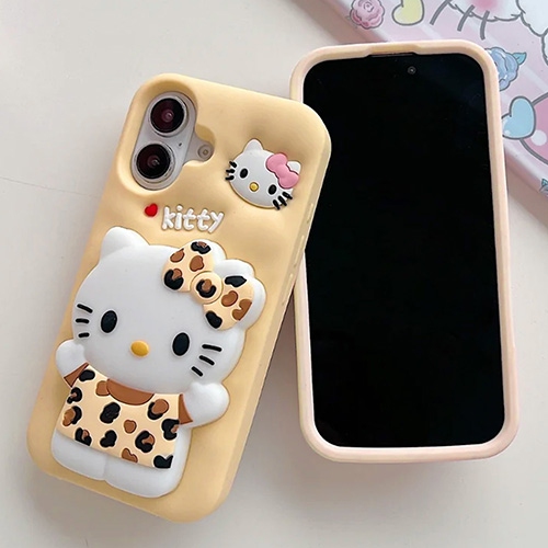 3D Leopard Print Cat Silicone Kickstand Case for iPhone 16