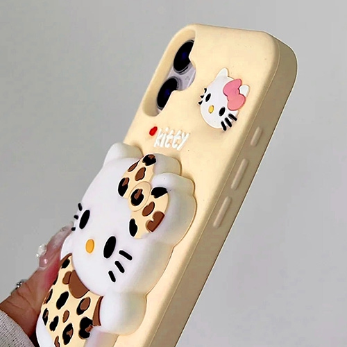 3D Leopard Print Cat Silicone Kickstand Case for iPhone 16
