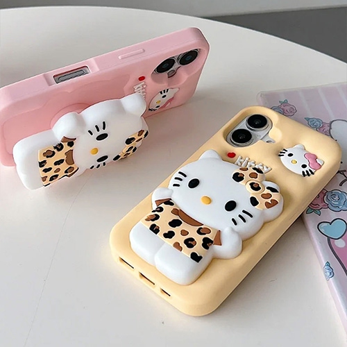 3D Leopard Print Cat Silicone Kickstand Case for iPhone 16