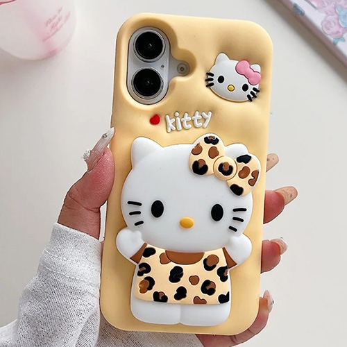 3D Leopard Print Cat Silicone Kickstand Case for iPhone 16