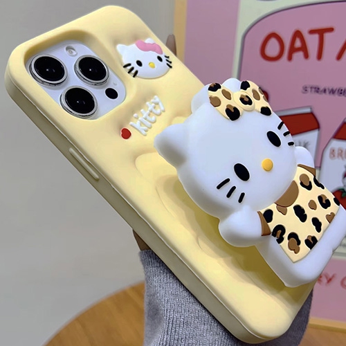 3D Leopard Print Cat Silicone Kickstand Case for iPhone 15 Pro
