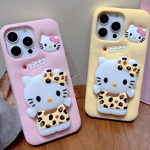 3D Leopard Print Cat Silicone Kickstand Case for iPhone 14 Pro