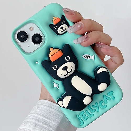 Étui avec béquille en silicone Jelly Cat de 3D pour iPhone 15