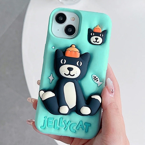 Étui avec béquille en silicone Jelly Cat de 3D pour iPhone 15