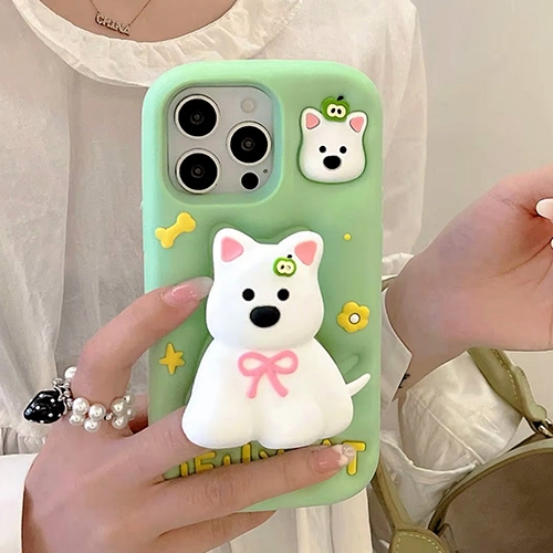 3D Green Westigo Dog Silicone Kickstand Case for iPhone 16 Pro