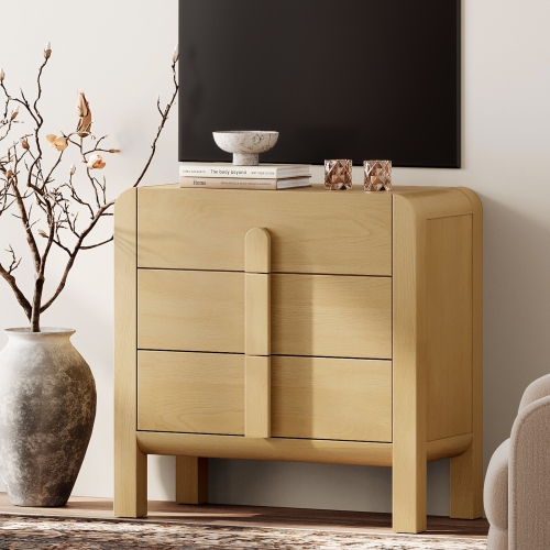 WAMPAT 3 Drawer Dresser for Bedroom, 31.5" W Mid Century Modern Wide Chest of Drawer, Wood Closet Dresser TV Stand with Curved Edge Handles or