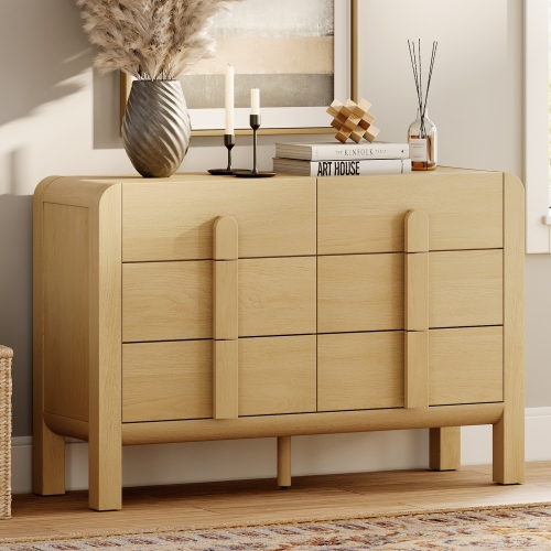 WAMPAT  6 Drawers Dresser for Bedroom, 47.2" Wide Mid Century Modern Chest Of Drawers, Wooden Dressers Tv Stand \w Curved Profile Design, For