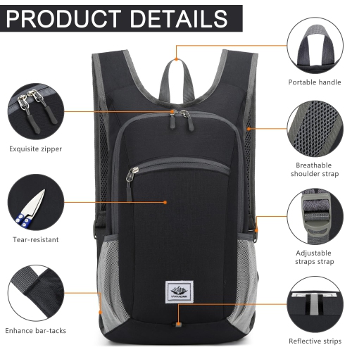 15L Lightweight Hiking Backpack, Foldable Small Travel Backpack, Packable Camping Backpack, Unisex, Suitable for Cycling and Sports