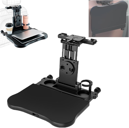 Car Back Seat Tray Table with Anti-Slip Pad, Foldable Tray Seat Back Table with 360° Rotating Phone Holder and Cup Holder, Multi-Function Adjustable
