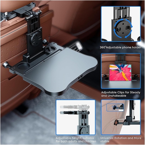 Car Back Seat Tray Table with Anti-Slip Pad, Foldable Tray Seat Back Table with 360° Rotating Phone Holder and Cup Holder, Multi-Function Adjustable