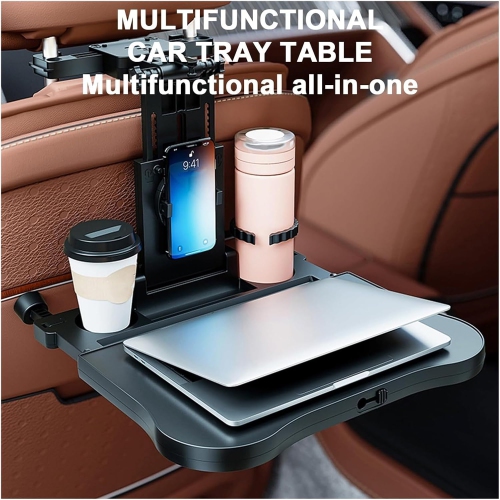 Car Back Seat Tray Table with Anti-Slip Pad, Foldable Tray Seat Back Table with 360° Rotating Phone Holder and Cup Holder, Multi-Function Adjustable