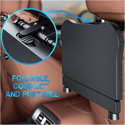 Car Back Seat Tray Table with Anti-Slip Pad, Foldable Tray Seat Back Table with 360° Rotating Phone Holder and Cup Holder, Multi-Function Adjustable