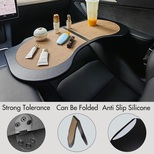 Foldable Laptop Table for Tesla Model Y Mddle 3, PU Leather Food Tray Table for Work, Study, Makeup, Travel and In-Car Dining