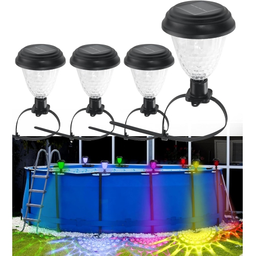 MYACUC  4PCs Solar Pool Lights for Above Ground Pool Frame, Waterproof Swimming Pool Lights, Led Colorful Lights for Swimming Pools Fence Trampoline