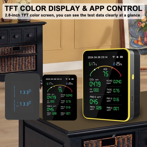 15 in 1 Air Quality Tester - Detect CO, CO2, PM, Formaldehyde, Temperature and Humidity, etc., 2.8" TFT Color Display, App Control, Wi-Fi, Alarm