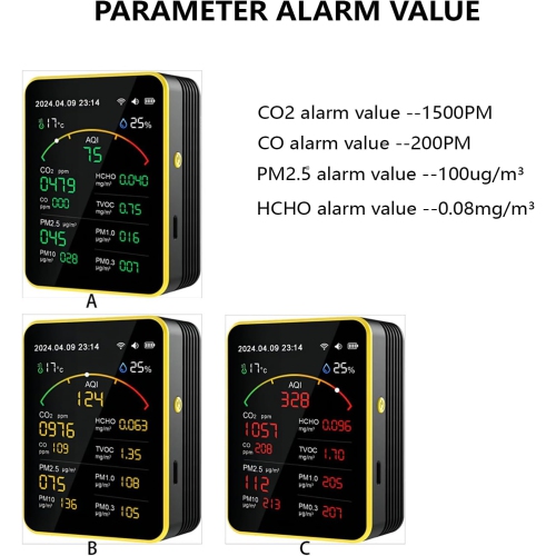 15 in 1 Air Quality Tester - Detect CO, CO2, PM, Formaldehyde, Temperature and Humidity, etc., 2.8" TFT Color Display, App Control, Wi-Fi, Alarm