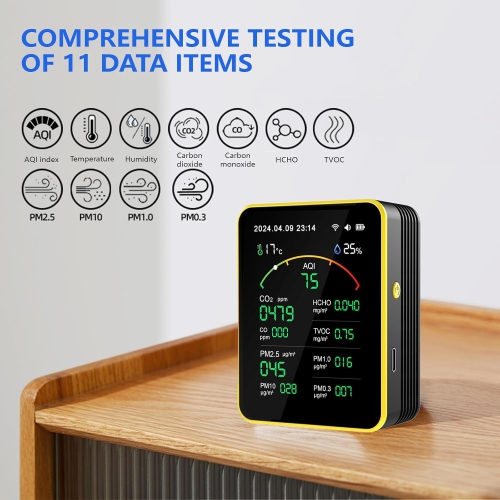 15 in 1 Air Quality Tester - Detect CO, CO2, PM, Formaldehyde, Temperature and Humidity, etc., 2.8" TFT Color Display, App Control, Wi-Fi, Alarm